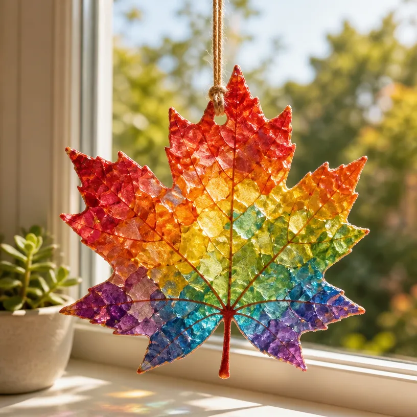 Rainbow Fall Leaves in a Stained Glass Window