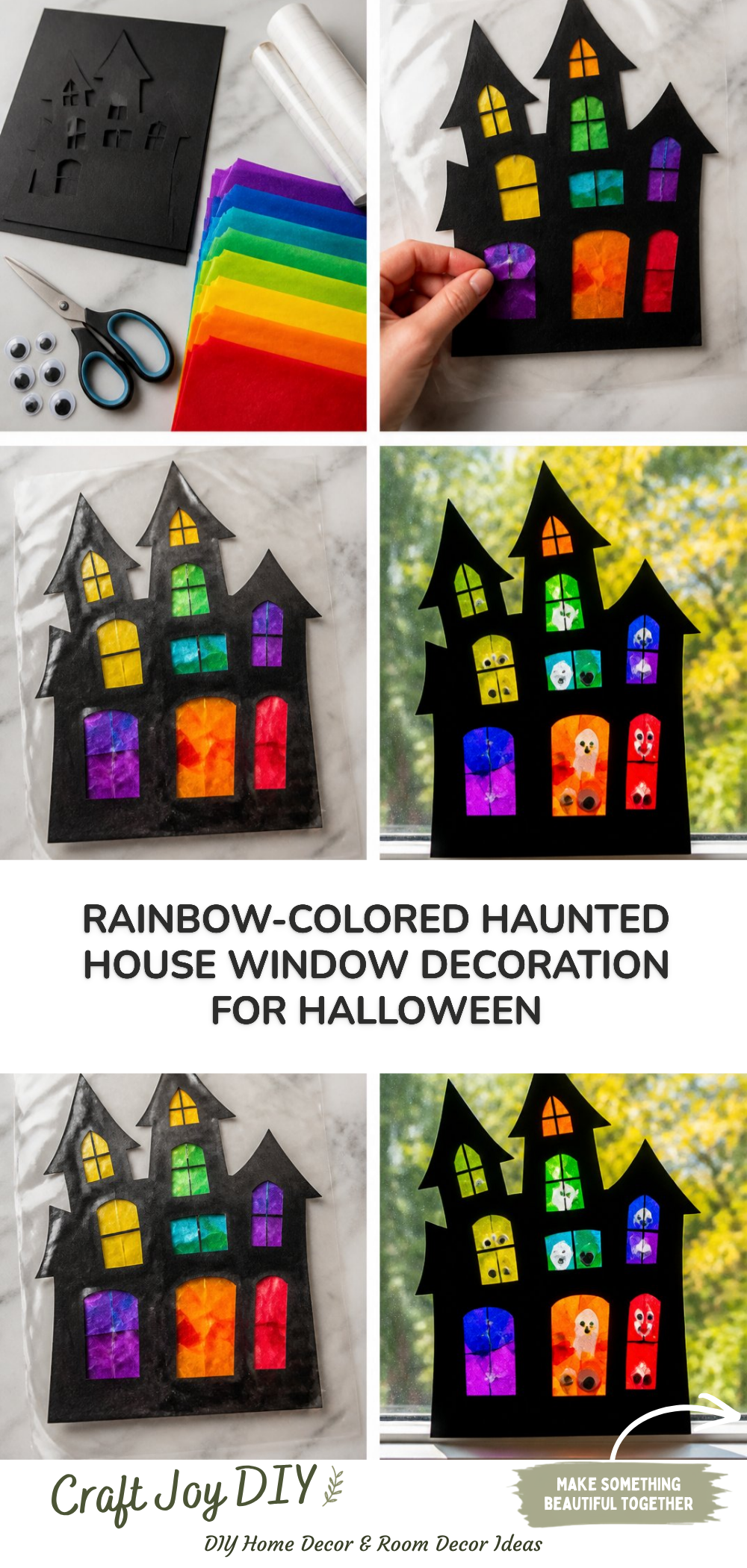 Rainbow-Colored Haunted House Window Decoration for Halloween