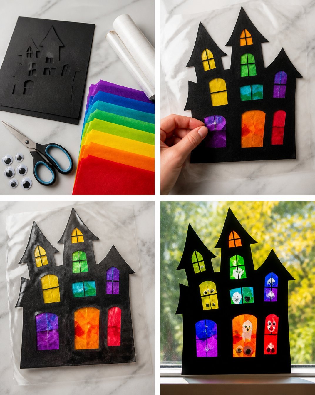 Rainbow-Colored Haunted House Window Decoration for Halloween