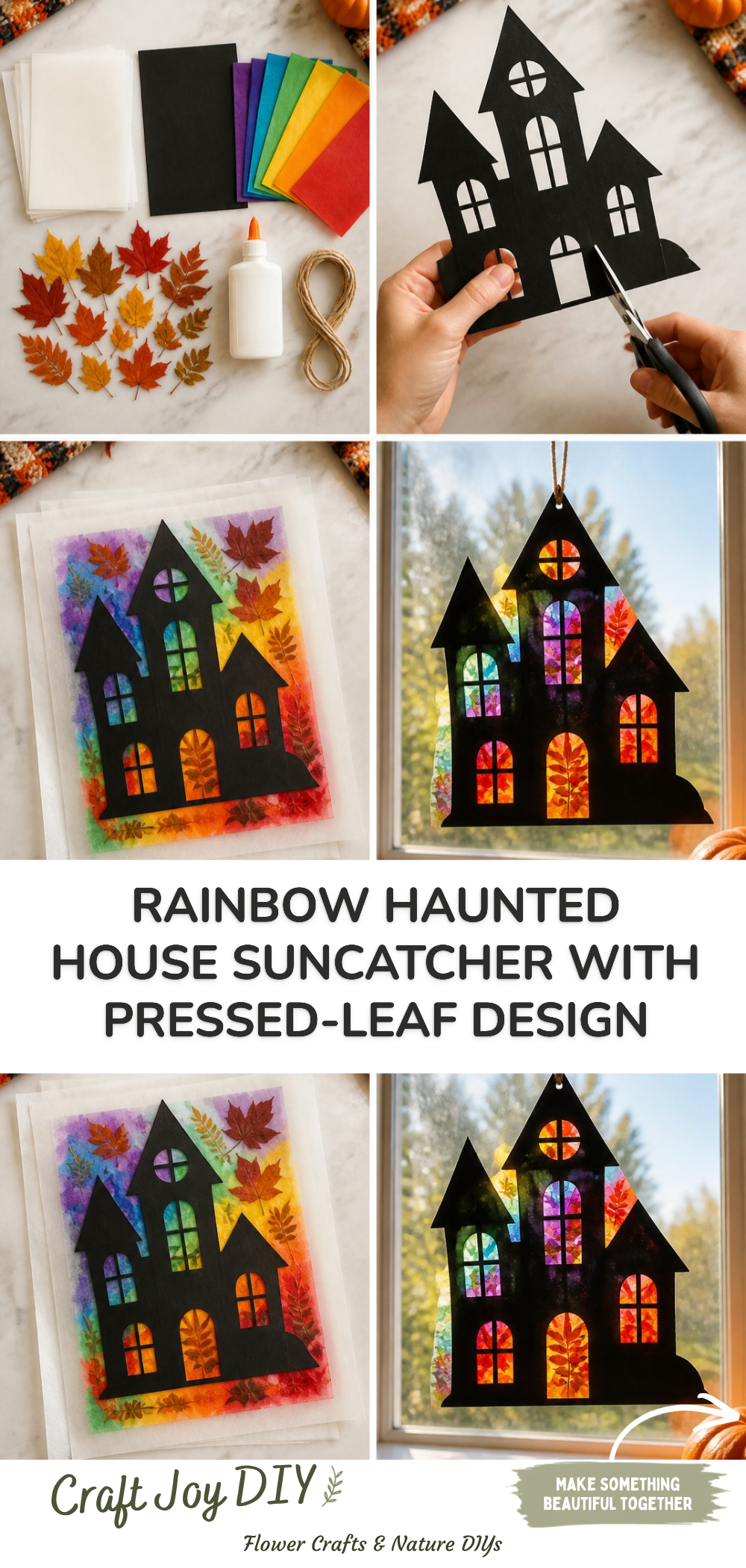 Rainbow Haunted House Suncatcher with Pressed-Leaf Design