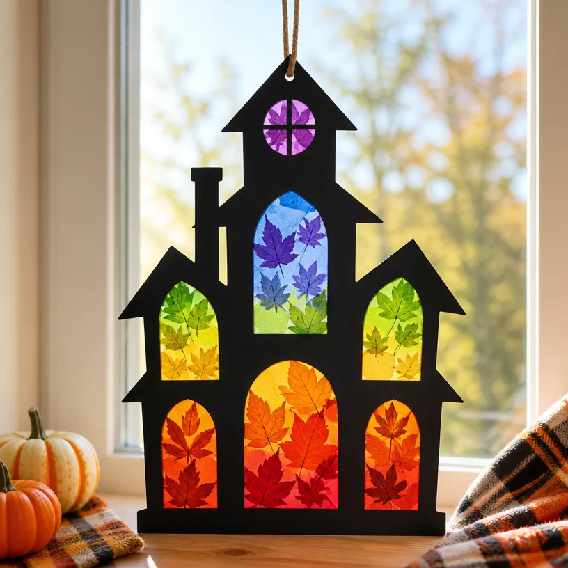 Rainbow Haunted House Suncatcher with Pressed-Leaf Design