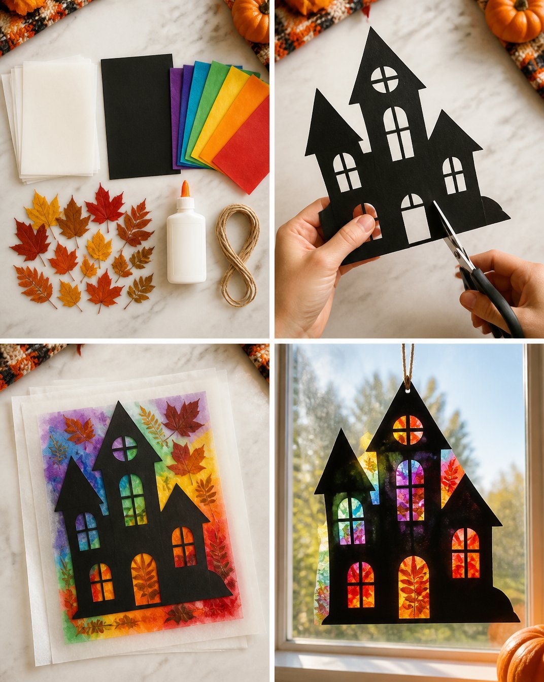 Rainbow Haunted House Suncatcher with Pressed-Leaf Design