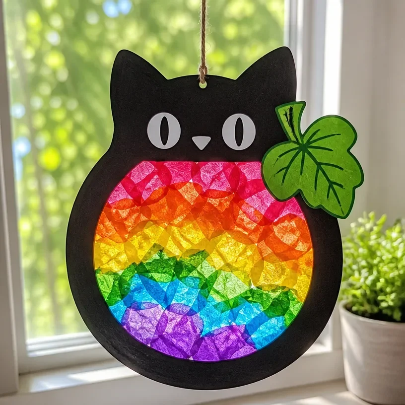 Colorful Rainbow Kitten Pumpkin Suncatcher capturing light in vibrant hues.