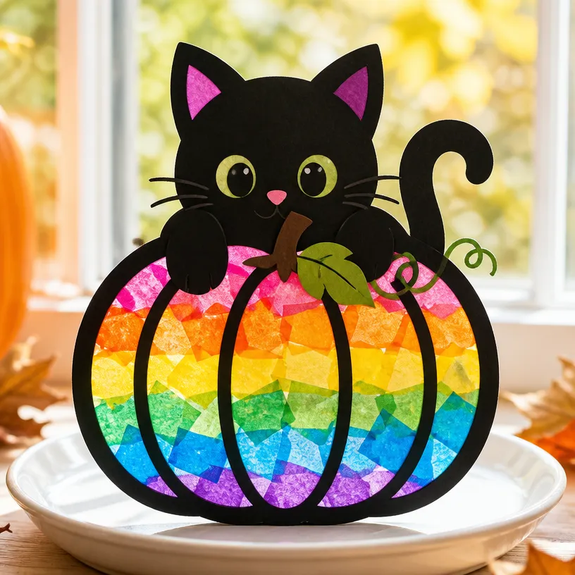 Rainbow Kitten Pumpkin Suncatcher - Black-Kitten Decor