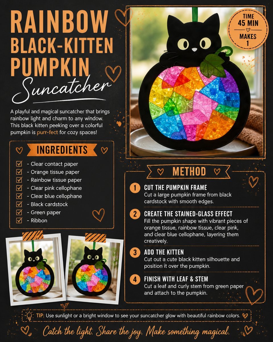 Rainbow Kitten Pumpkin Suncatcher - Black-Kitten Decor