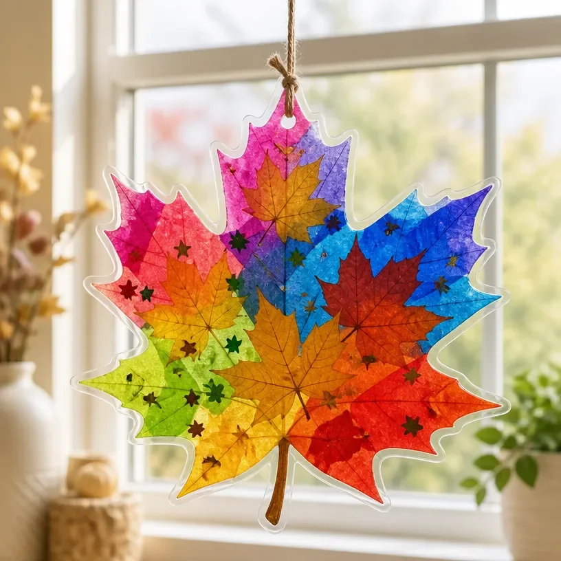 Kids making a rainbow leaf suncatcher craft display