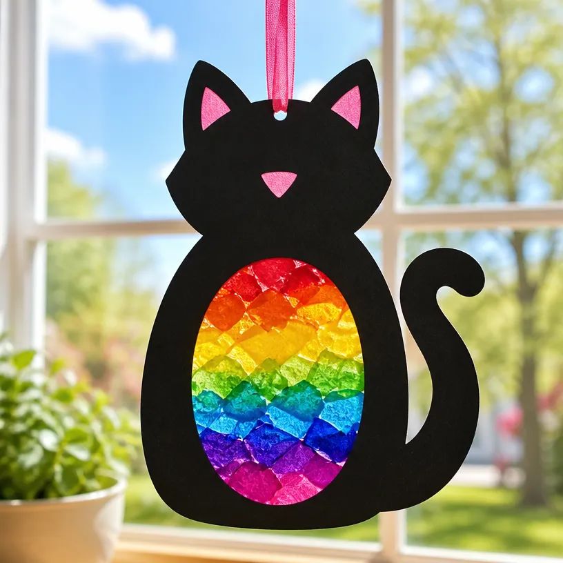 Rainbow Melted-Crayon Black Cat Suncatcher