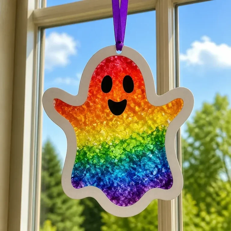 Rainbow melted-crayon ghost suncatcher craft project for kids