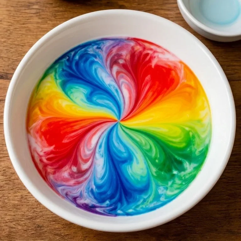 Vibrant rainbow milk art swirl prints created by kids in colorful designs.