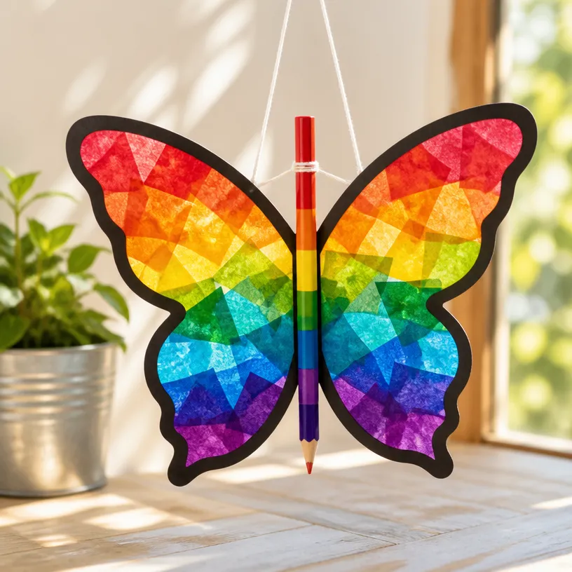 Rainbow Pencil Butterfly Suncatcher Craft for Kids