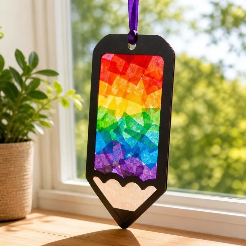 Kids making a rainbow pencil crayon suncatcher craft