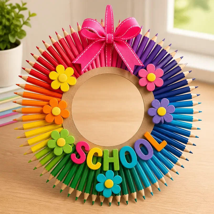 Colorful Rainbow Pencil Wreath for First Day of School decoration