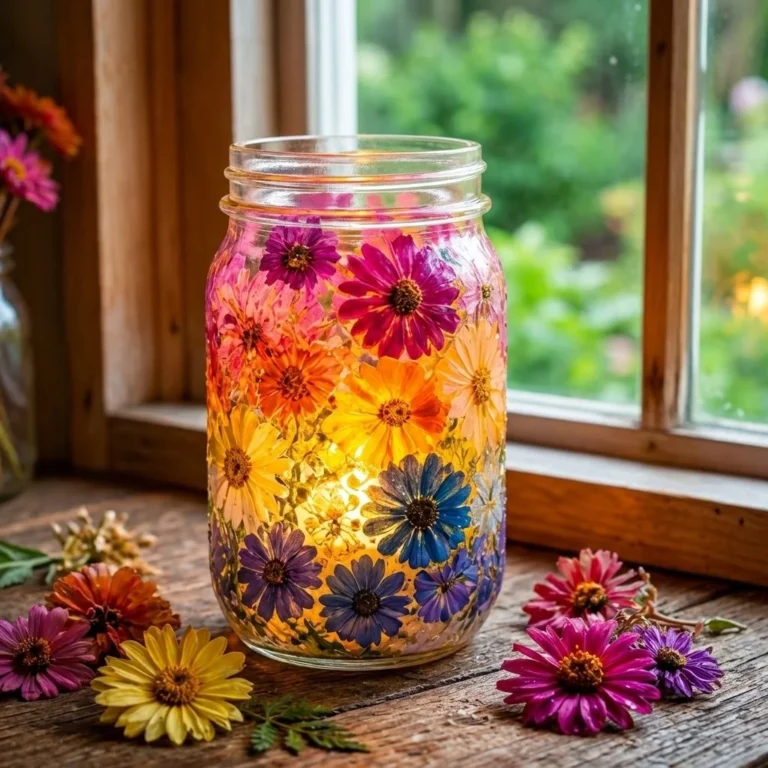 Rainbow pressed flower window lantern showcasing colorful floral designs