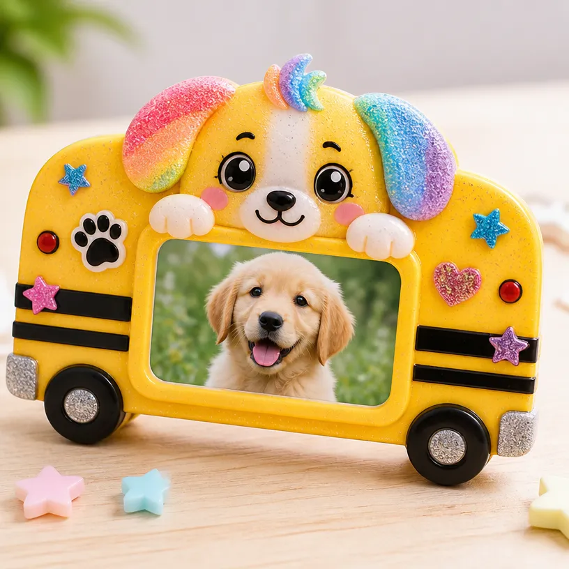 Rainbow Puppy Photo Frame with School Bus Theme for Kids