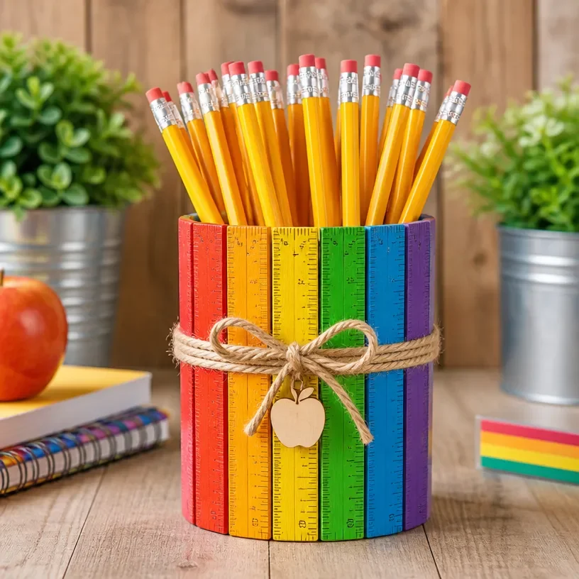 Colorful Rainbow Ruler Pencil Jar Desk Organizer for Teachers