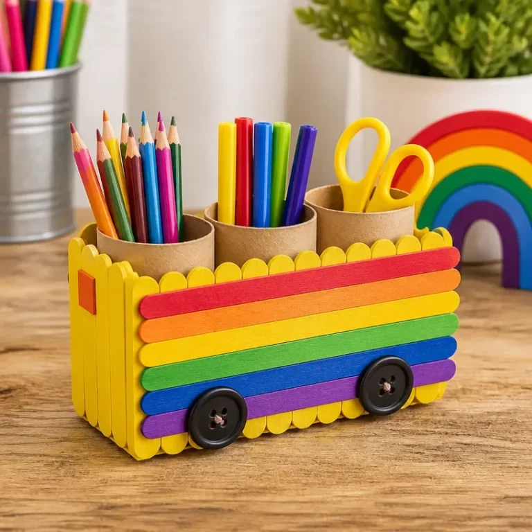 Colorful Rainbow School Bus Popsicle Stick Organizer for children's craft supplies