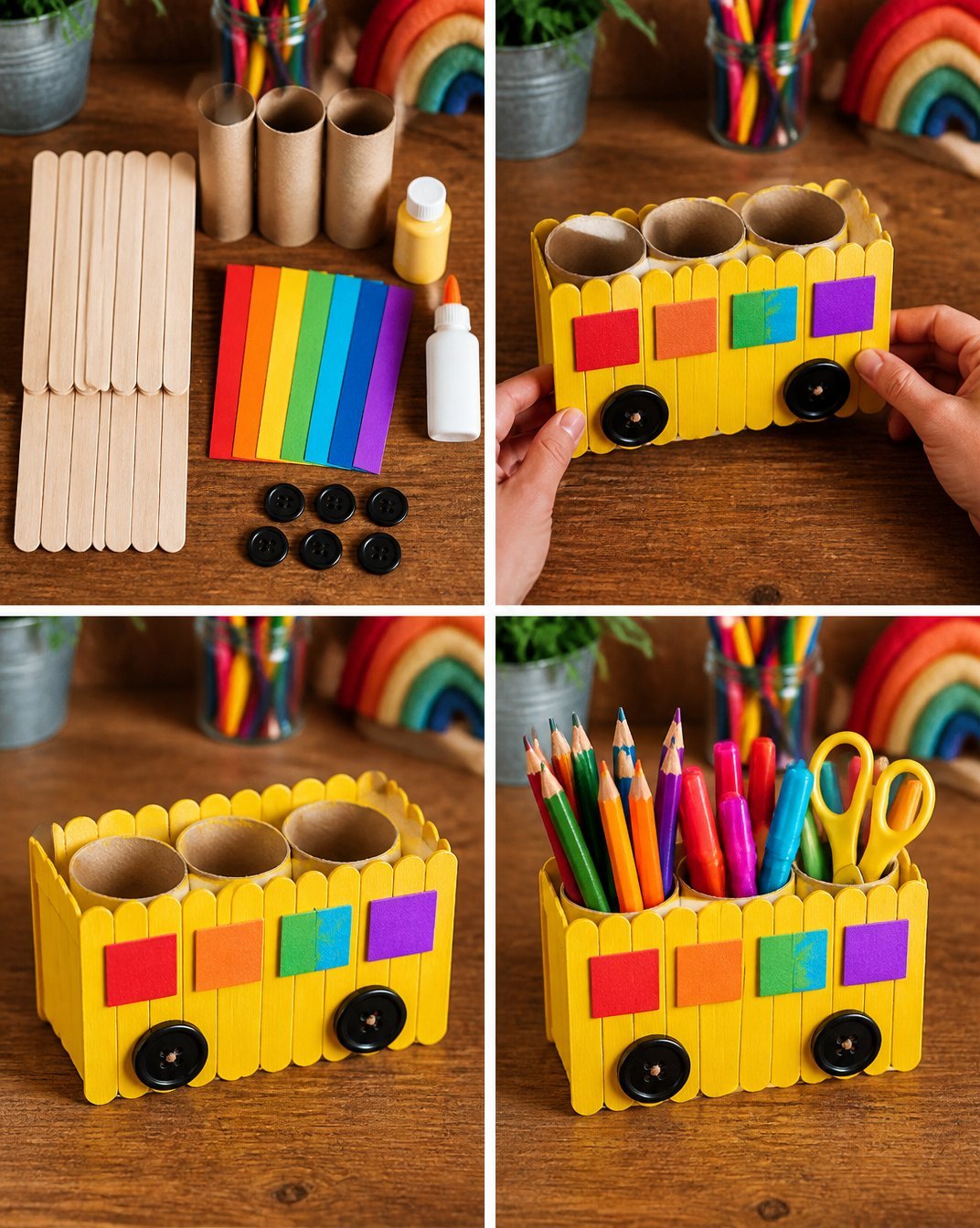 Rainbow School Bus Popsicle Stick Organizer for Kids