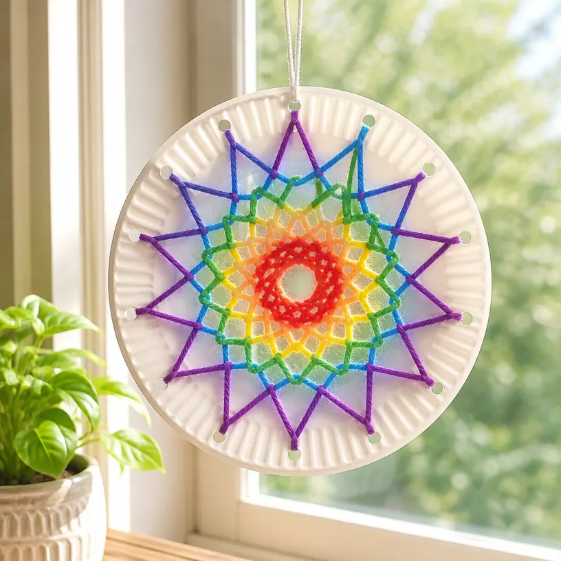 How to Make a Rainbow Spiderweb Suncatcher from Paper Plates