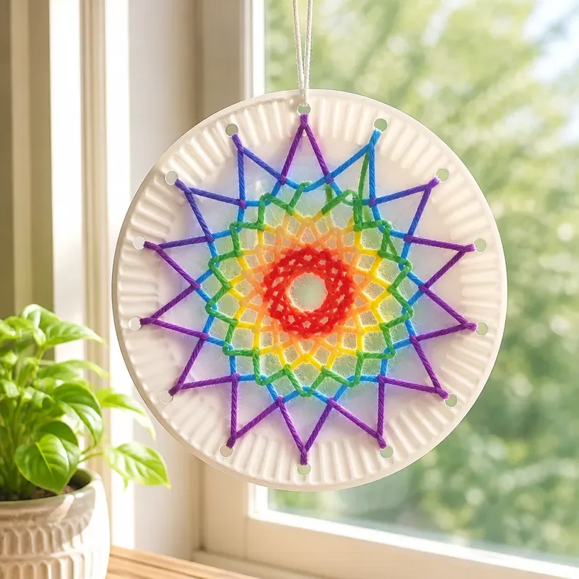 Kids making a colorful Rainbow Spiderweb Suncatcher Craft with paper plates