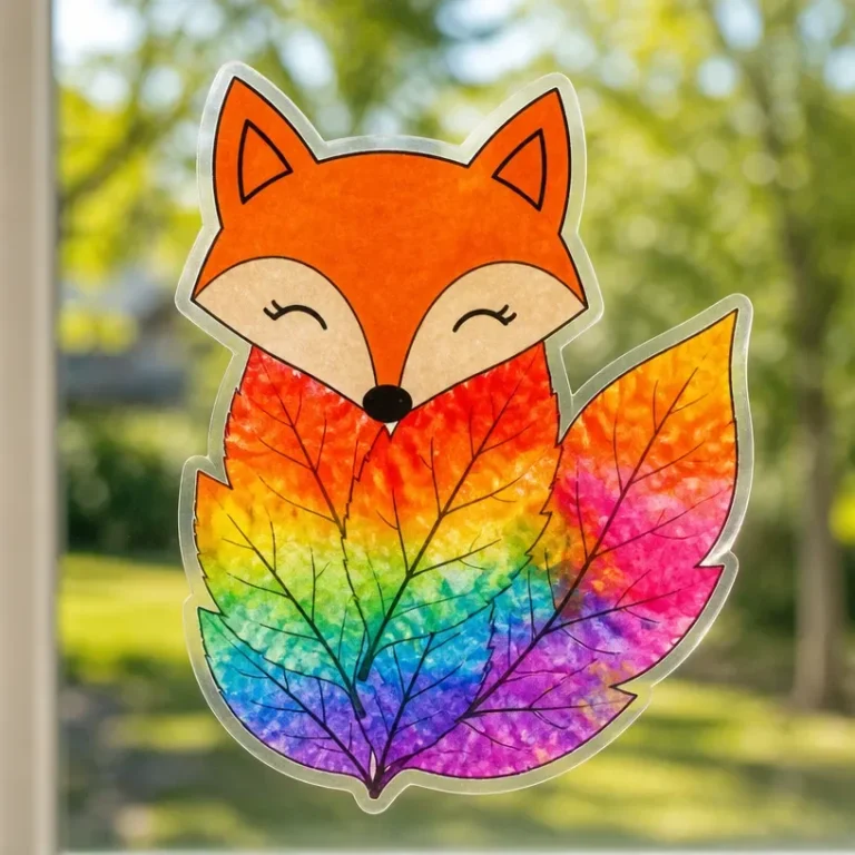 Colorful Rainbow Watercolor Leaf Fox Suncatcher for Kids