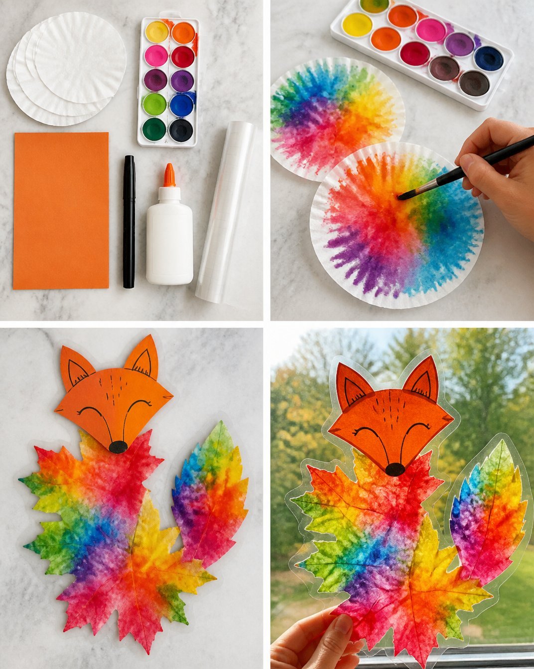 Rainbow Watercolor Leaf Fox Suncatcher for Kids