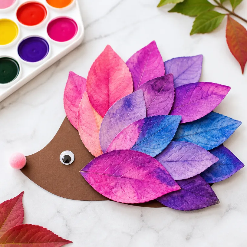 Rainbow Watercolor Leaf Hedgehog Craft for Kids