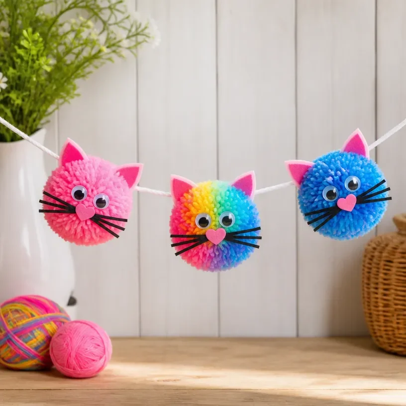 Colorful yarn kitten garland with pom-poms for kids' crafts
