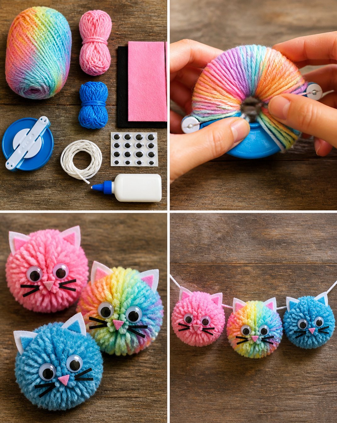 Rainbow Yarn Kitten Pom-Pom Garland Craft for Kids