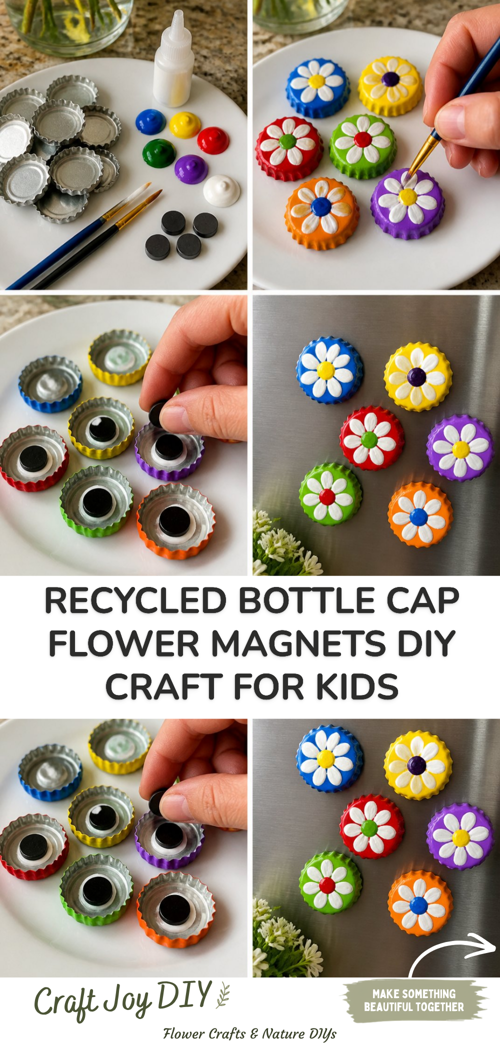 Recycled Bottle Cap Flower Magnets DIY Craft for Kids