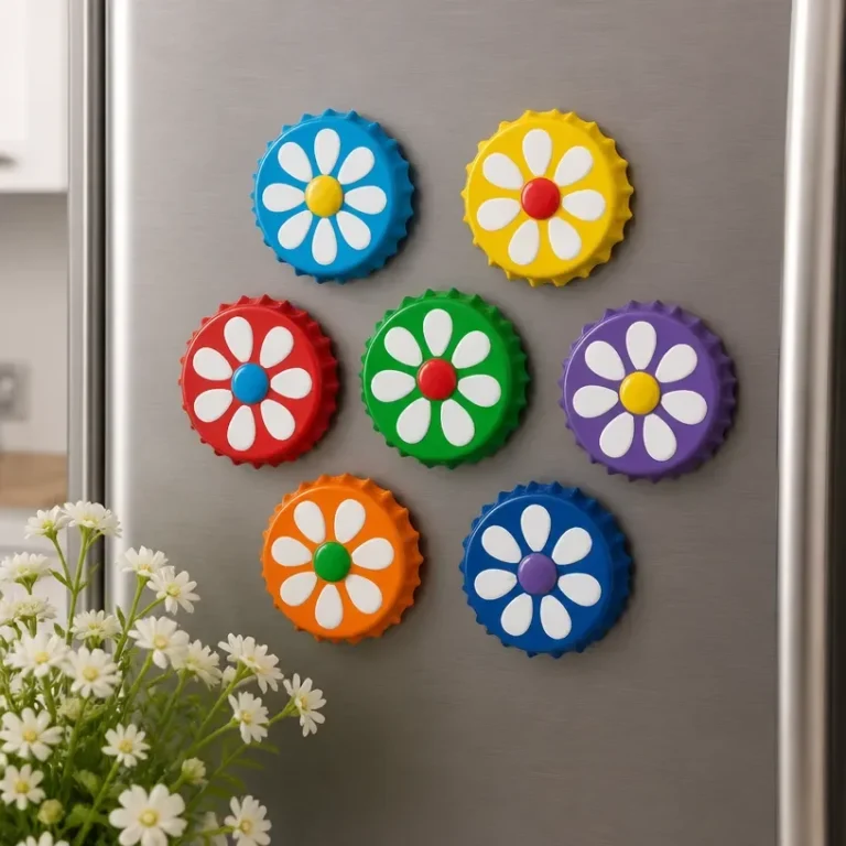 Recycled bottle cap flower magnets for creative fridge decor