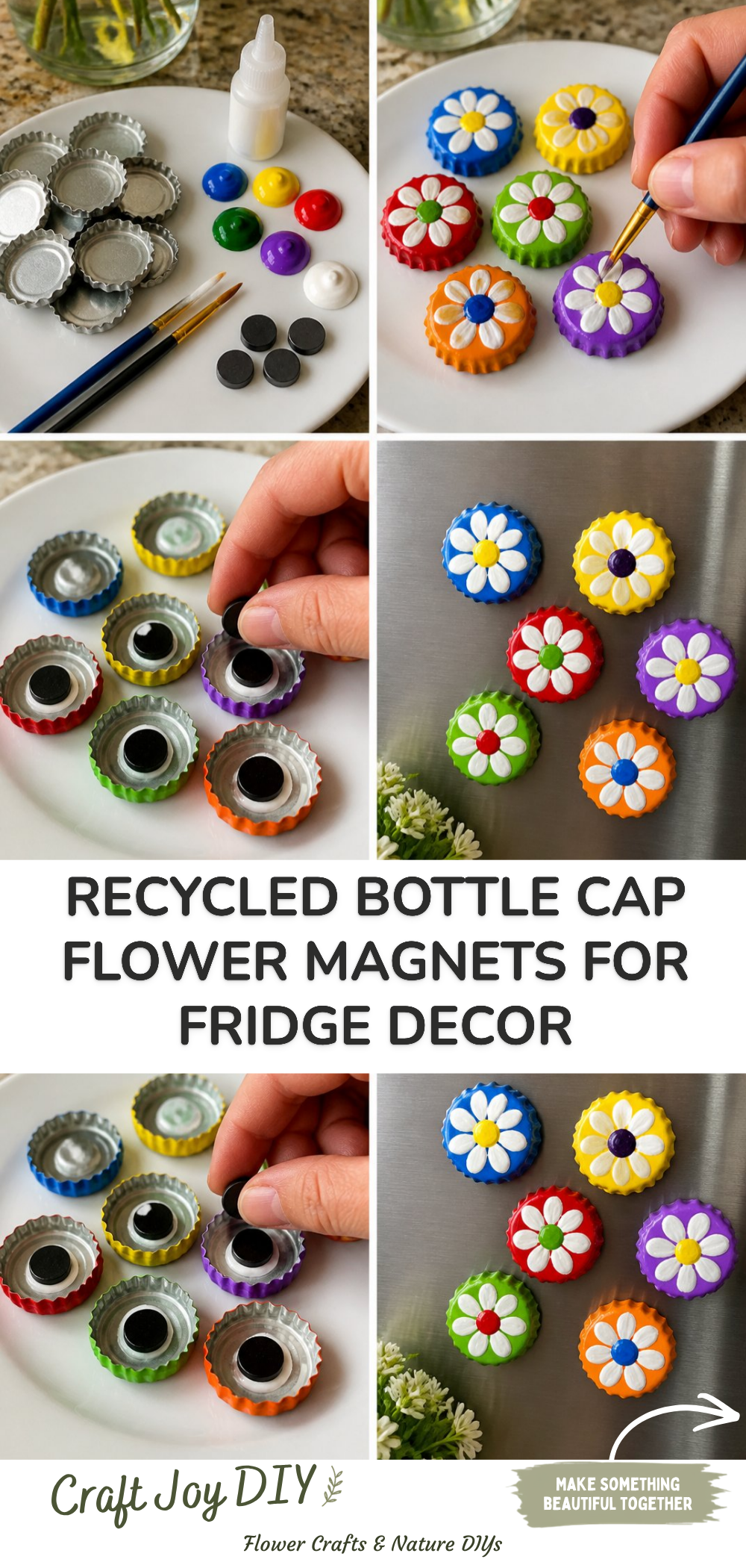 Recycled Bottle Cap Flower Magnets for Fridge Decor