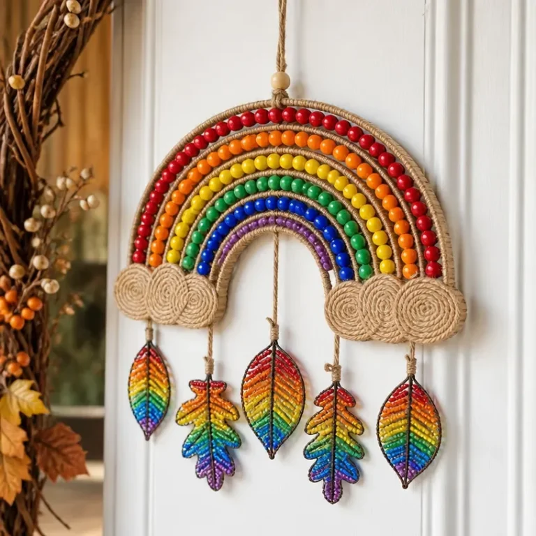 Recycled cardboard fall door hanger decorated with beaded leaves