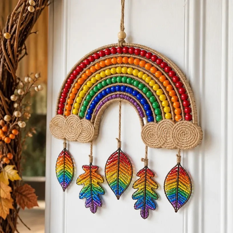 Recycled cardboard fall door hanger decorated with beaded leaves
