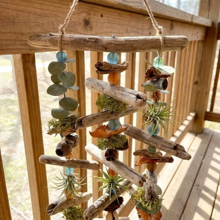 Rustic driftwood wind chime featuring botanical design for natural decor