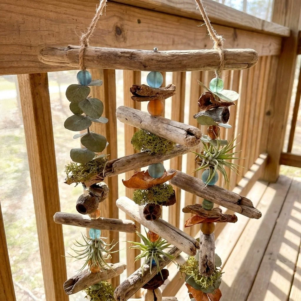 Rustic driftwood wind chime featuring botanical design for natural decor