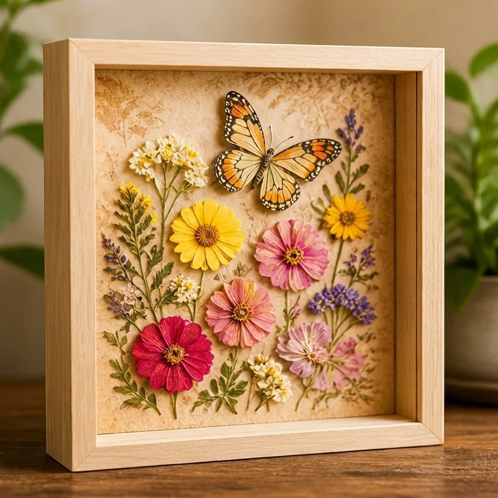 Shadow box display featuring handcrafted butterflies and wildflowers for decor.