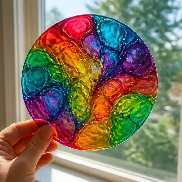 Colorful stained glass suncatcher craft for kids using glue art materials.