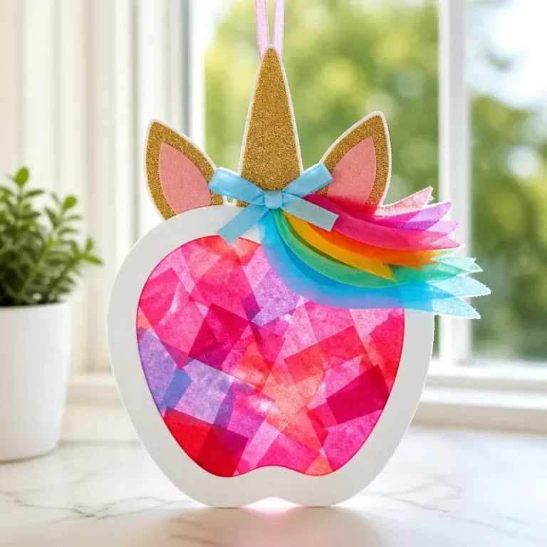 Kids Suncatcher Craft featuring a Pink Unicorn Apple Teacher design.