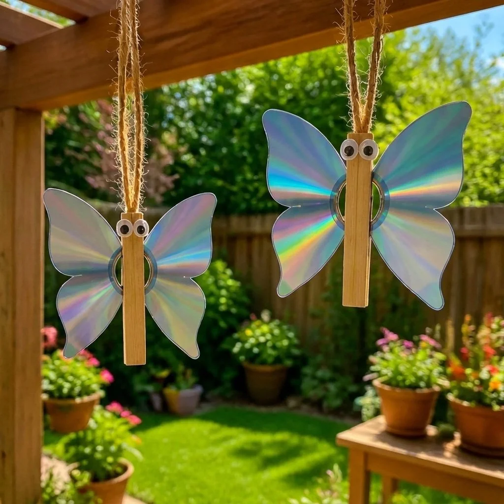 Beautiful upcycled CD butterflies suncatcher for garden decor