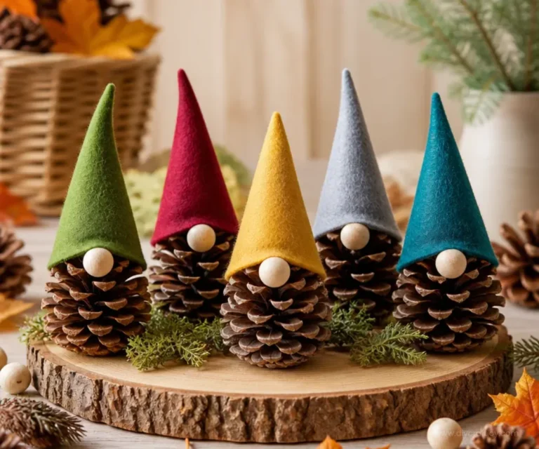 DIY autumn decoration with natural materials like leaves and pinecones.