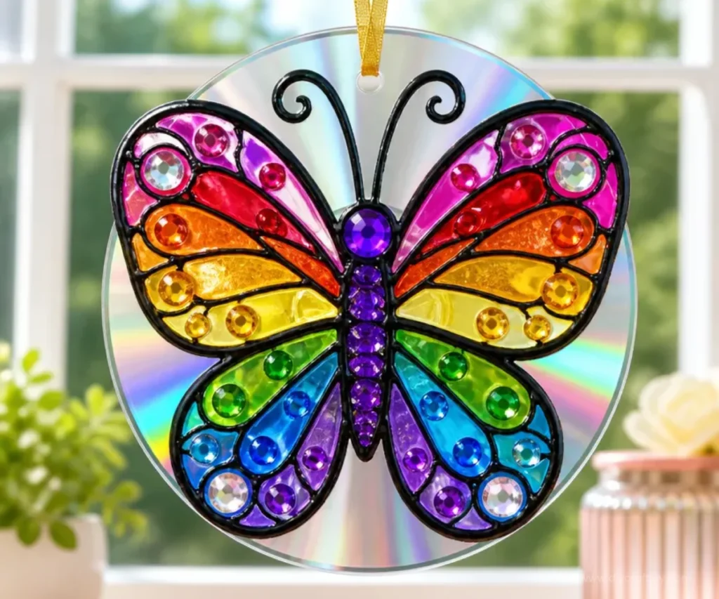 Colorful Butterfly Craft painted CD suncatcher for kids art project.
