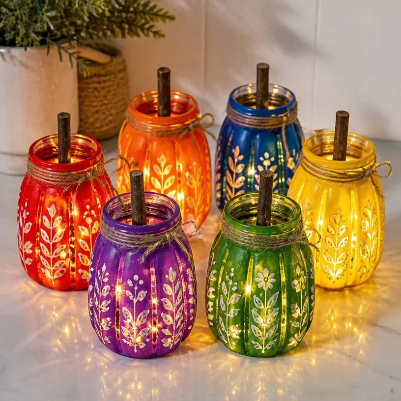 Colorful folk-art pumpkin mason jars for stylish home decor.