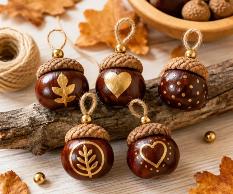 Handmade chestnut ornament crafted from autumn conkers and natural materials.