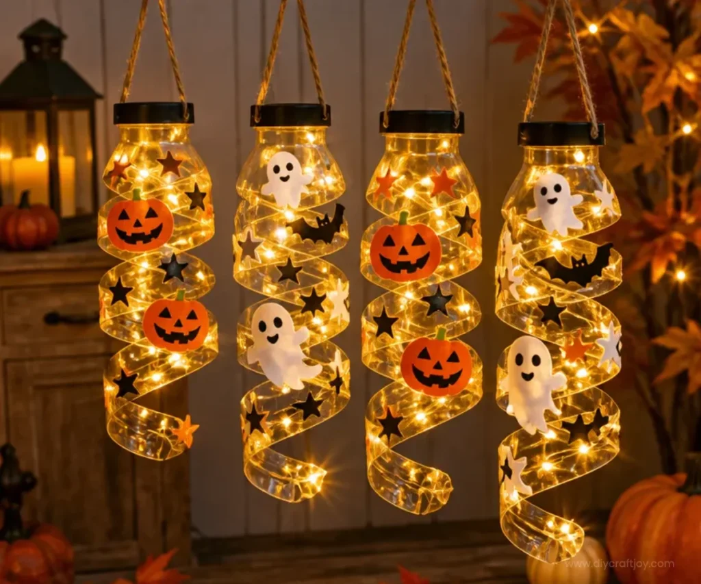 Halloween decor featuring recycled materials and battery-powered LED string lights.