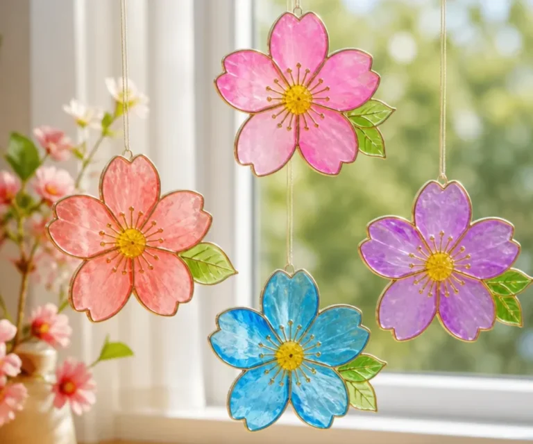 Colorful DIY cherry blossom lanterns and suncatchers in sunny light.