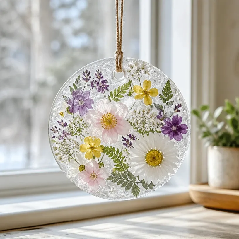 DIY frosted flower ice window suncatcher for winter decoration