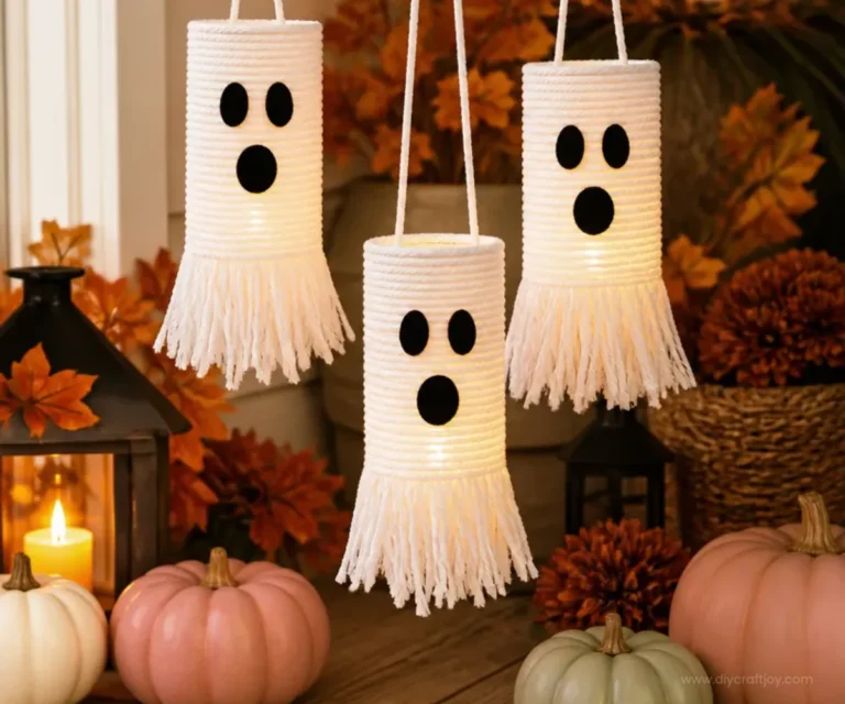 DIY ghost decorations for Halloween hanging in a spooky garden
