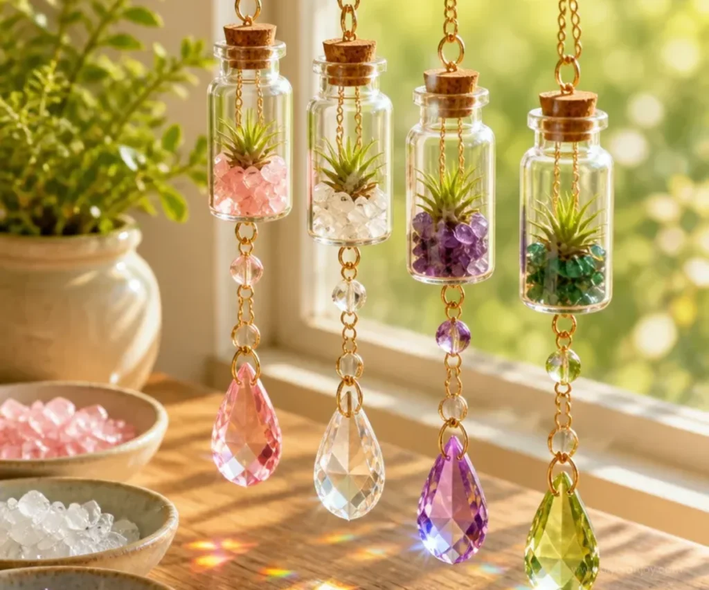 Colorful mini bottle suncatchers decorated with crystals and air plants.