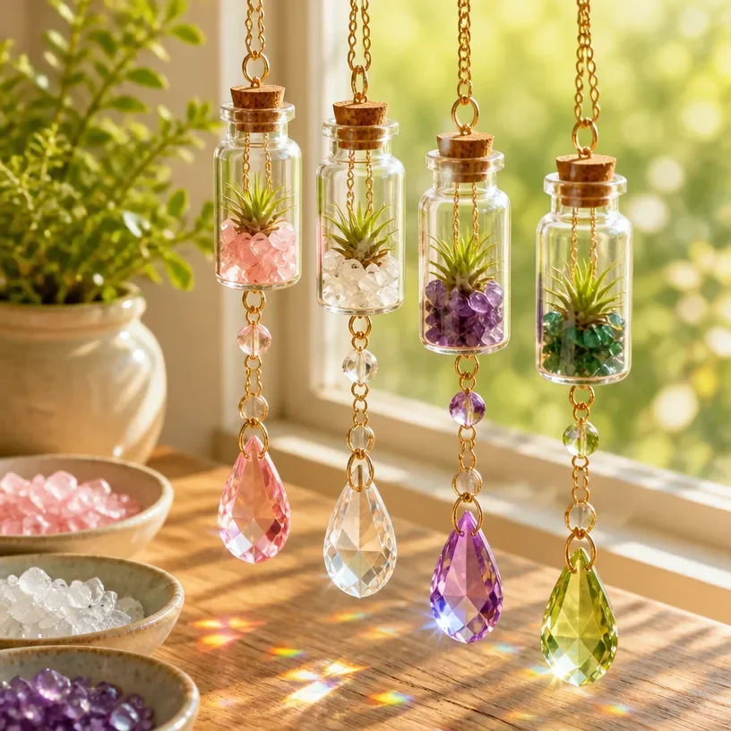 DIY Mini Bottle Suncatchers With Crystals and Air Plants