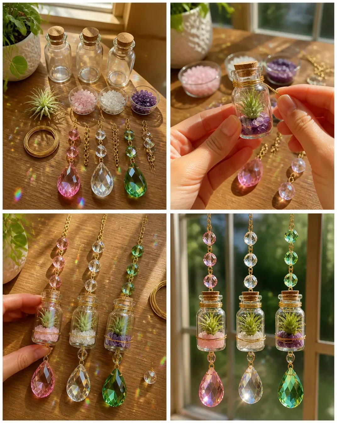 DIY Mini Bottle Suncatchers With Crystals and Air Plants